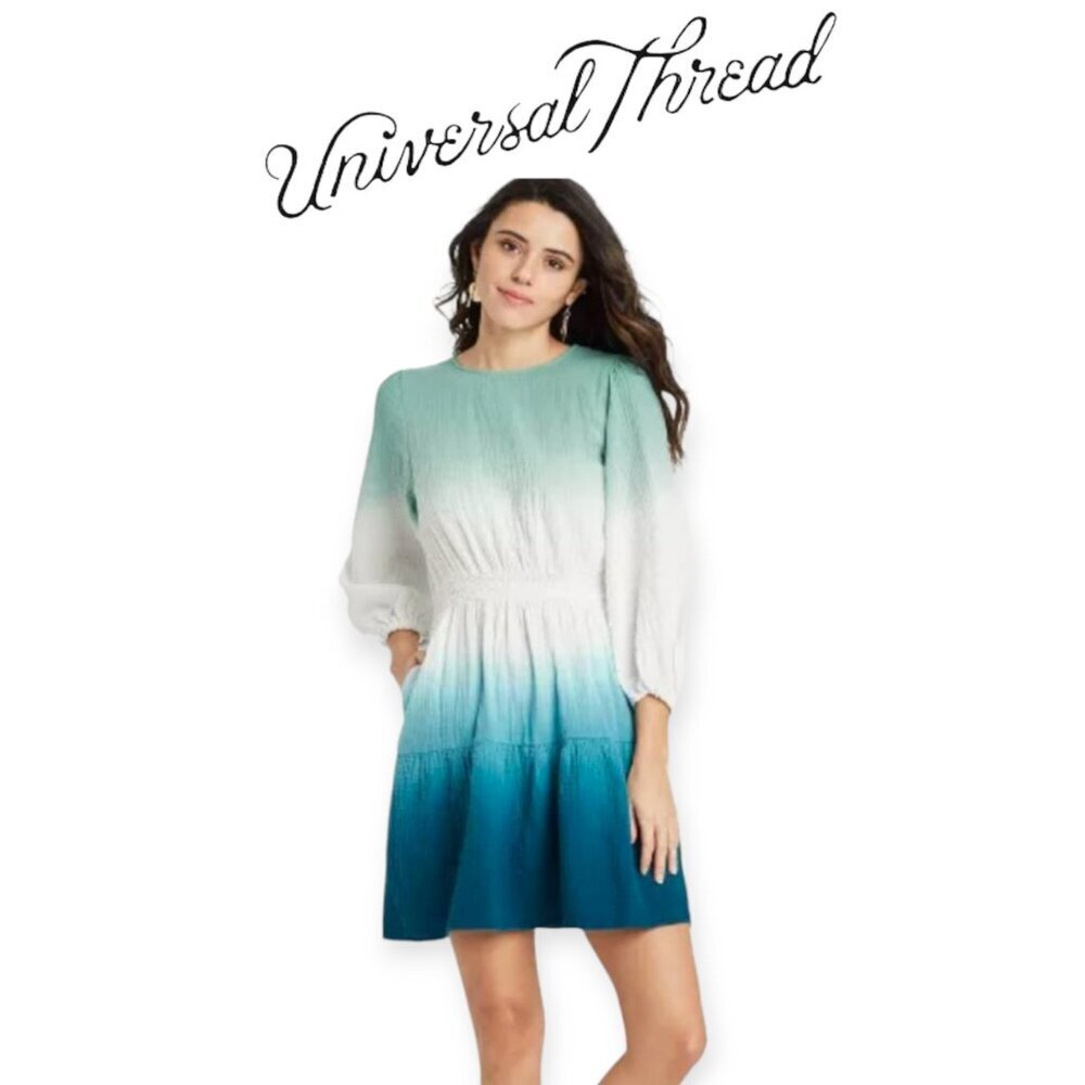Universal Thread Dip Dye Ombre Cotton Midi Dress Size XS Blue Green Summer Dress